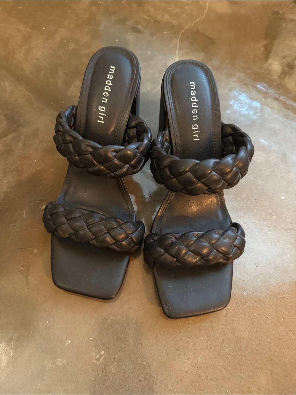 Madden Girl Black Braided Double-Strap Block Heel Slides